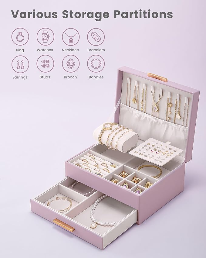 Lolalet 2-Layer Jewelry Boxes Organizer for Women Girls, Jewelry Storage Case Holder with Drawers for Necklaces Rings Earrings Bracelets Watches, Gifts Choice for Girlfriend Wife -Purple