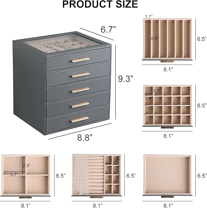 Frebeauty Clear Lid Jewelry Box,5-Layer Jewelry Organizer with Drawer,PU Leather Jewelry Organizers and Storage,Jewelry Boxes for Women,Jewelry Storage for Rings Earring Stud,Gift for Women(Grey)