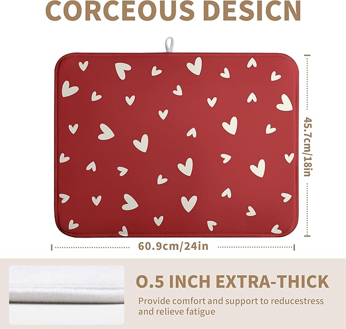 Wnoesat Valentine's Day Love Heart Dish Drying Mat for Kitchen Counter 18x24 Inch Valentine Theme Dish Mats Absorbent Microfiber Dish Draining Mat Reusable Washable Dish Drainer Rack Pad