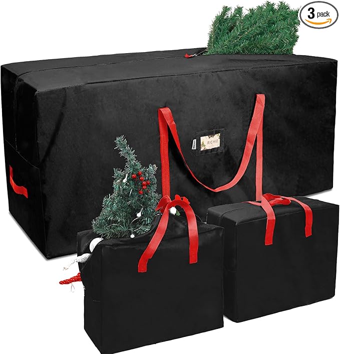 Christmas Tree Storage Bag 9 ft (3pc Set), Fits Up to 9 Foot Artificial Trees, 600D Oxford Tear-proof Xmas Tree Bag, Reinforced Handles&Zippered&Durable, Holiday Decoration Storage Bags, Black