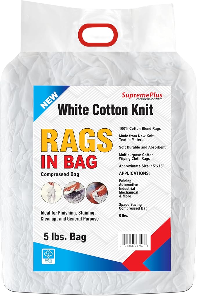 Premium White T-Shirt Cleaning Rags (5 lbs. Bag) – White Cotton Rags for Cleaning, Staining, Painting, Oil, Grease & Dust Removal – Shop Rags Bulk for Multipurpose use