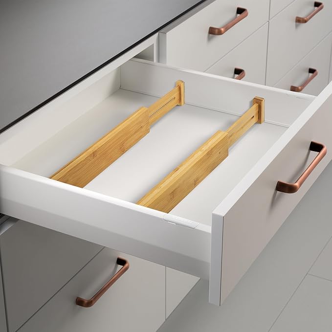 VaeFae 6-Pack Bamboo Drawer Dividers – Adjustable 14"-19.1" (Fits 15"-18" Drawers ONLY), Spring-Loaded Expandable Organizer for Kitchen, Bedroom, Office & Bathroom, MUST MEASURE Before Purchase | 6 Pack, Adjustable, Expandable, Organization