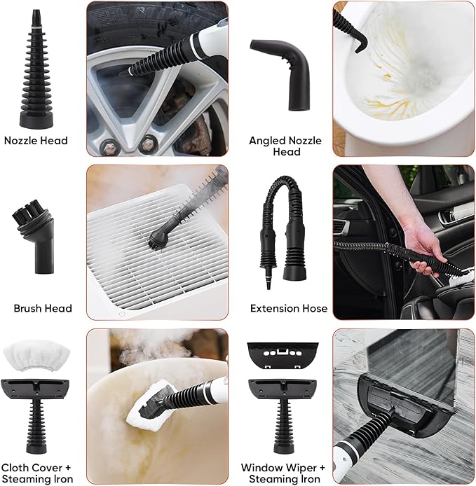 SakerPlus Steam Disinfection Cleaner, Handheld Pressurized Steamer with 9-Piece Accessories for Multi-Surface Cleaning, Natural Sanitization for Kitchen, Floor (1 x Steam Cleaner Kit + 4 Fiber Cloths)