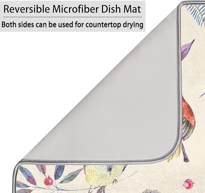 Hexteria Vintage Birds Dish Drying Mat Microfiber Kitchen Drying Mat Dish Drying Mats for Kitchen Counter Absorbent Quick Drying Pad 18x24 Inch