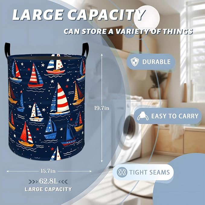 Colorful Sailboat Stars Waves Night Sky Laundry Basket with Handles, 19.7"x15.7" Clothes Foldable Laundry Hamper Organizer for Dorm Nursery Bedroom Bathroom Decor, Toy Storage Bin for Kids