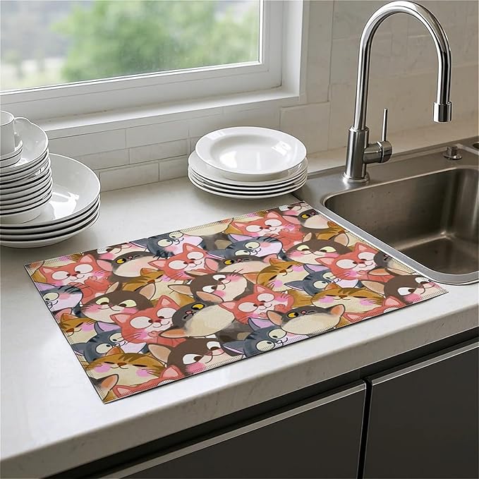 Dish Drying Mat For Kitchen Counter, Colorful Cute Cat Microfiber Absorbent Dish Drainer Rack Pad Reusable Large 18x24in Drying Mat