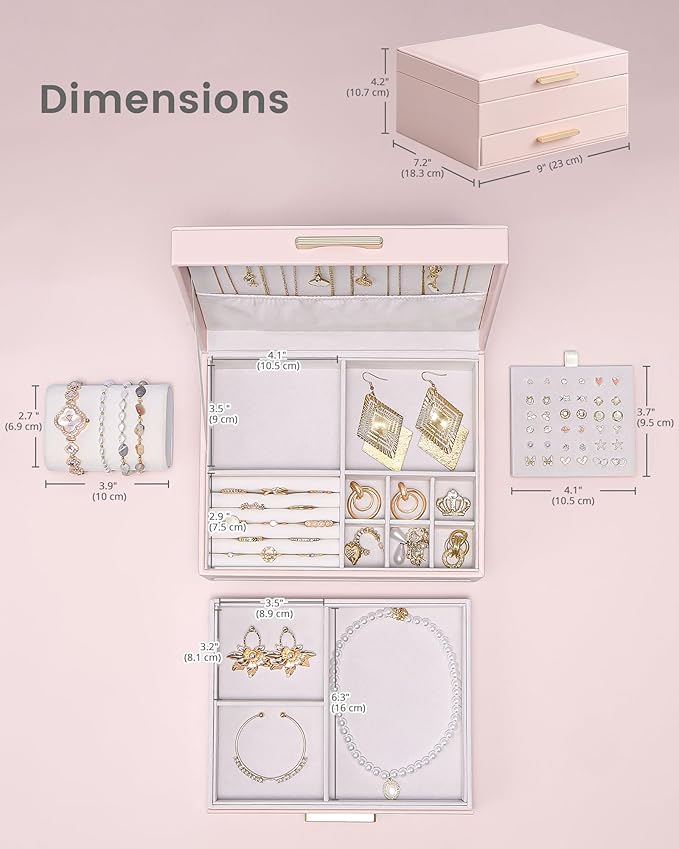 Lolalet 2-Layer Jewelry Boxes Organizer for Women Girls, Jewelry Storage Case Holder with Drawers for Necklaces Rings Earrings Bracelets Watches, Gifts Choice for Girlfriend Wife -Pink
