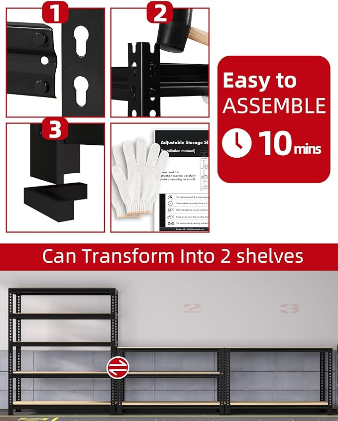 PrimeZone Heavy Duty Garage Storage Shelves - 48" W X 24" D X 72" H Adjustable Metal Shelving Unit, 5 Tier Industrial Shelves for Storage Standing Utility Rack for Warehouse, Basement, Black, 8 Pack