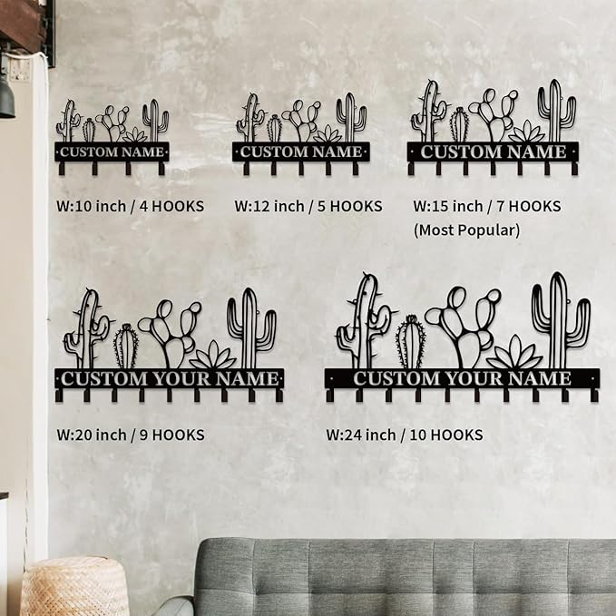 Personalized Custom Name Cactus Wall Keys Hooks,Metal Cactus Art Clothes Hooks,Metal Cactus Lover Wall Home Storage Decorative,For Front Door, Hallway, Kitchen, Bedroom,Keys,Hats (Style E)