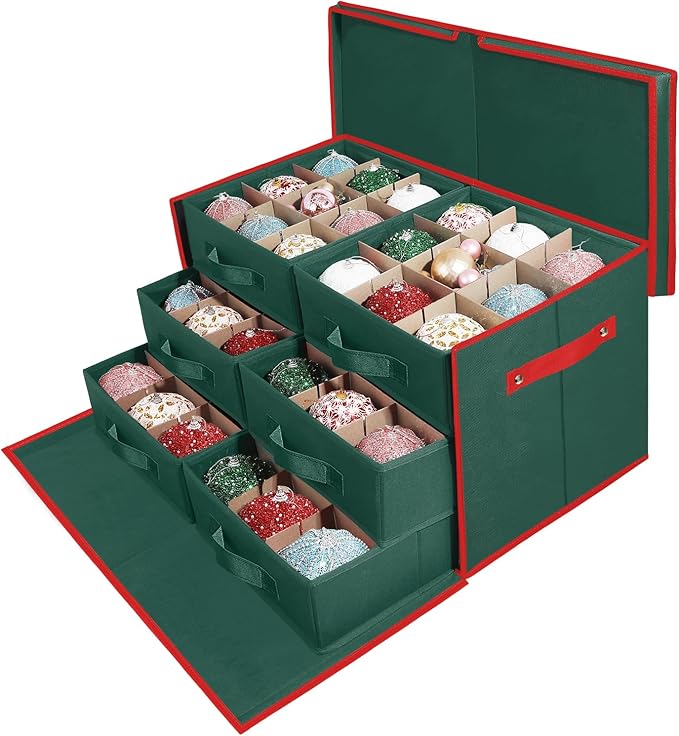 Large Christmas Ornament Storage Box with 6 Drawer Style Trays Fits 54 of 4" Ornament Balls - Side Opening, Christmas Container Perfect for Holiday Decorations, 600D Oxford Fabric Tear-Proof