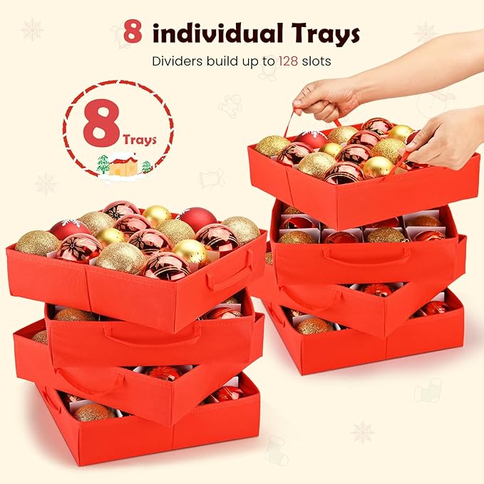 Plastic Christmas Ornament Storage Box with Adjustable Dividers, Waterproof Christmas Storage Containers Keep 128 Capacity, Dual Zippers, Ornament Organizer to Store Holiday Decor-Gloves