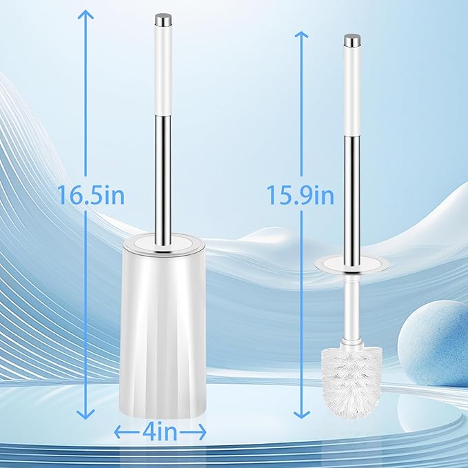 Toilet Brush and Holder Set, Compact Toilet Bowl Brush with Stainless Steel Handle, Hard Bristles, Drip-Proof, Easy to Assemble, Deep Cleaning White