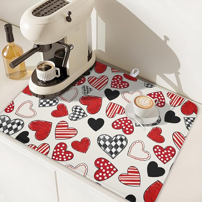 Valentines Day Dish Drying Mat for Kitchen Counter 24x18 Inch Red Heart Drying Mat with Absorbent Reversible Microfiber Holiday Love Dish Drainer Mats Rack Pad for Coffee Countertop Protector