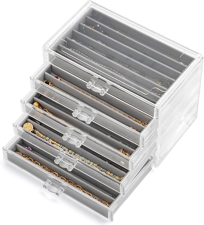 Necklace Organizer Box with 5 Drawers 30 Compartments, Dustproof Velvet Necklace Display Tray, Acrylic Necklaces Display Case, Pendant Chains Necklace Storage Tray Gift for Women and Girls (Grey)