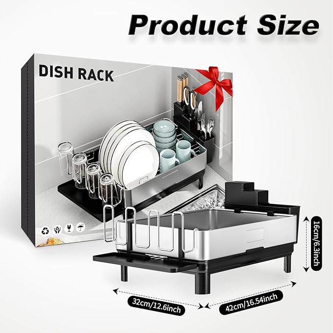 Ewaiira Dish Drying Rack, 304 Stainless Steel Dish Racks for Kitchen Counter, Dish Drainers with Automatic Drainage, Utensil Holder & Cups Holder, Space Saving Kitchen Organizer, Black