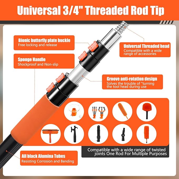20FT Light Bulb Changer for High Ceilings with 5-12FT Heavy Duty Extension Pole,High Ceiling Ceiling Fan Cleaner Duster Kit for Home & House High Window, Interior Roof Window Cleaning Orange
