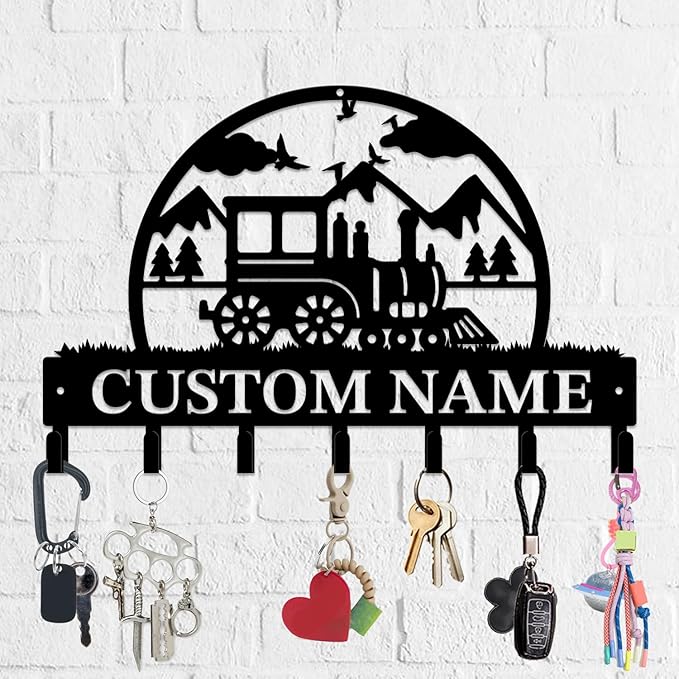 Personalized Train Metal Keys Hooks,Custom Name Metal Train Keys Hooks,Black Metal Train Wall Home Storage Decorative Keys Hooks,Key Holder Hooks for Wall (Style F)
