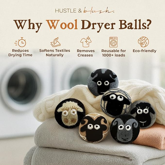 Hustle & Blush Fluff Ewes Wool Dryer Balls 6 Pack - Extra Large Classic Premium Hand Needled New Zealand Laundry Set, Reduces Drying Time, Static Control, Chemical Free Reusable for Essential Oils