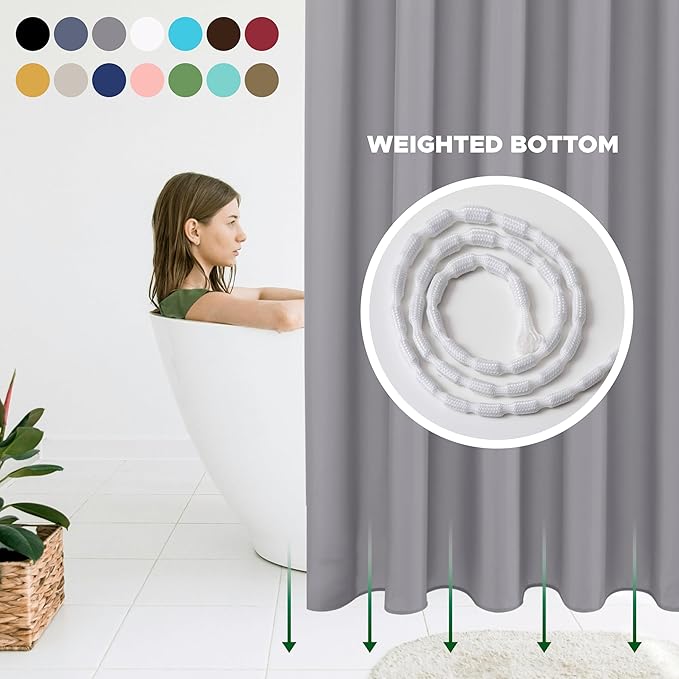 Biscaynebay Fabric Shower Curtain Short Stall Liners 72" Width by 65" Length, Silver Grey Water Resistant Bathroom Curtains, Rust Resistant Grommets Top Weighted Bottom Machine Washable