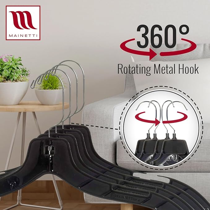 Mainetti 5400 Black Plastic Hangers - 100 Pack with 360 Swivel Metal Hook and Notches for Straps, Great for Shirts/Tops/Dresses/Jackets, 17-Inch
