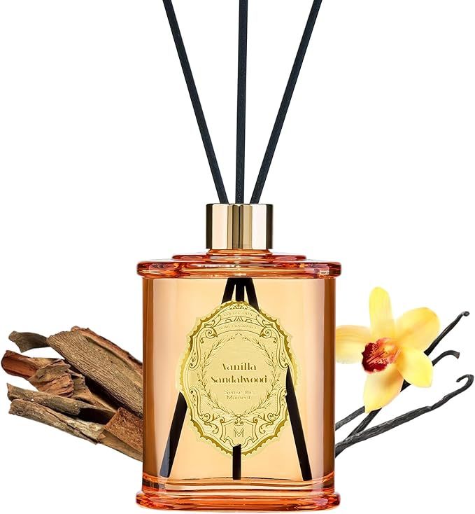M&SENSE 8.4 oz Large Reed Diffuser for Home | Vanilla Sandalwood Scent Home Oil Diffuser with Sticks | Bedroom Bathroom Living Room Decor