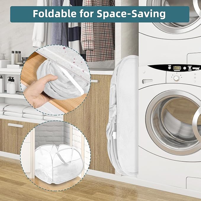 Bemkoo Collapsible Laundry Basket, 90L Large Foldable Mesh Pop Up Hamper for Laundry, Dirty Clothes, Bedroom, Bathroom, Dorm, Laundry Room, Travel, Camping, White