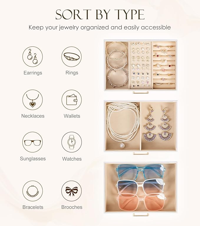Homde Jewelry Box with Compartments for Women: Big Storage Organizer for Room - Necklace, Earring, Ring Holder for Dresser (White + Pink)