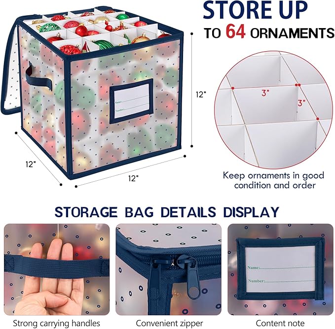 BINSUNS Christmas Ornament Storage Box, Christmas Storage Containers Organizer Bag with Dividers - Fits up to 64 Holiday Xmas Ornaments Decorations 3" Seasons Balls(Blue)