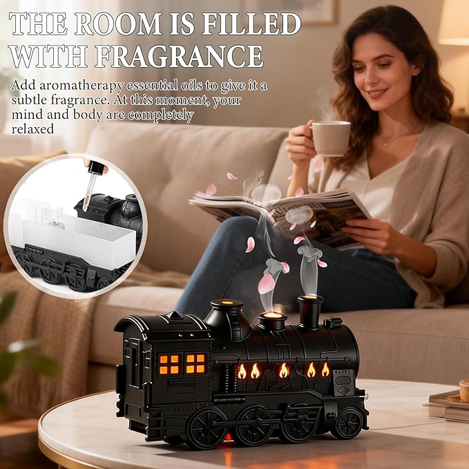 Train Diffuser 300ML Essential Oil Diffuser Cool Mist Humidifier Aroma Diffuser,2 Color Light 2 Mist Modes,3-in-1 Vintage Steam Train Diffuser Humidifier with Remote Control,Home Decor & Gift (Black)