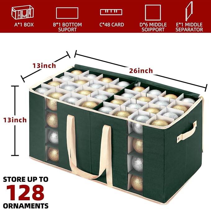 inin Christmas Ornament Storage Box with Adjustable Dividers,Christmas Ornaments Organizer with Zipper,Storage Container Bin with Side Pockets for Holiday Decorations(128 Ball, Green, Without Tray)