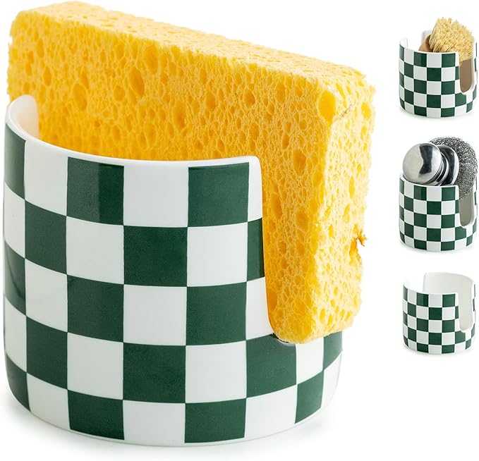 Zoeeker Ceramic Kitchen Sponge Holder, Dish Sponge Holder Suitable for Scrubby Farmhouse Dish Rack Brush Holder for Christmas Bathroom, Kitchen, Sink, Green and White