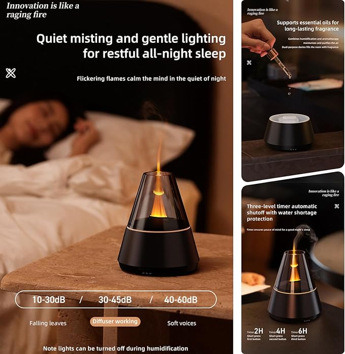 Ultrasonic Aroma Diffuser with Simulated Flame, 150ml, Timer and Auto-Off, LED Ambient Light (White)