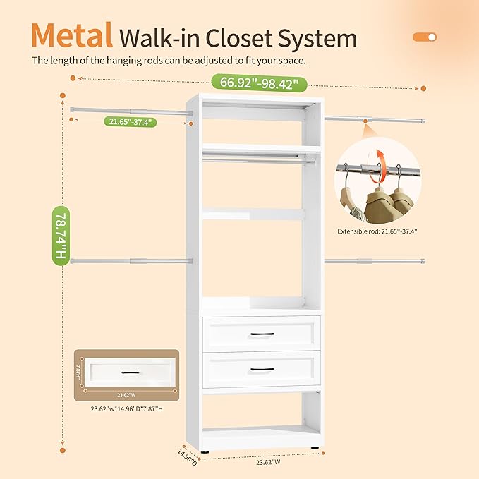79” Closet System with 2 Drawers, 4-8 Ft Metal Closet Organizer With 4 Expandable Hanging Rods, Walk-in Closet Organizer Wardrobe Garment Clothes Rack