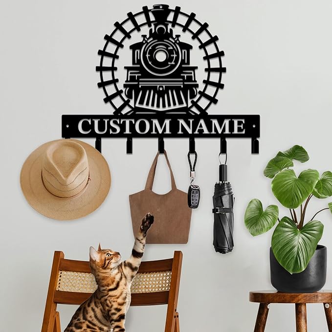Personalized Train Metal Keys Hooks,Custom Name Metal Train Keys Hooks,Black Metal Train Wall Home Storage Decorative Keys Hooks,Key Holder Hooks for Wall (Style A)