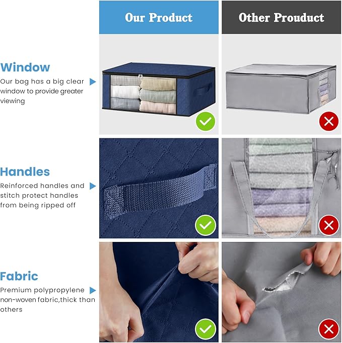 HomeHacks Storage 3-Pack Clothes Organizer Storage Bags Foldable Storage Box with Large Clear Window Sturdy Handles for Closet, Dorm, Pillows, Bedding, Clothes, Blankets, 35L, Blue