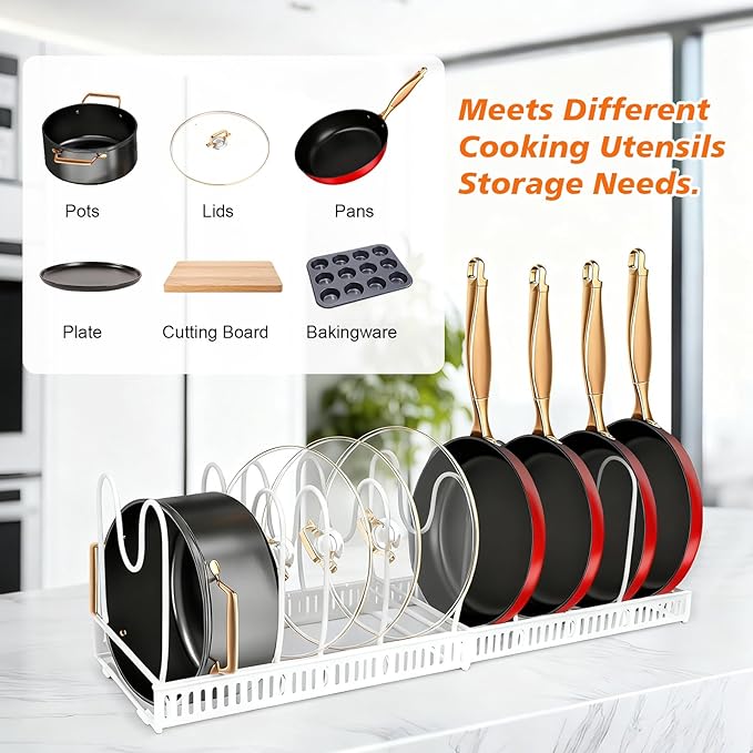 HuuDraLono Expandable Pots and Pans Organizer Rack for Under-Cabinet Storage - Adjustable Kitchen Cabinet Organizer with 13 Dividers, Cutting Board Holder & 6 Non-Slip Silicone Pads-White