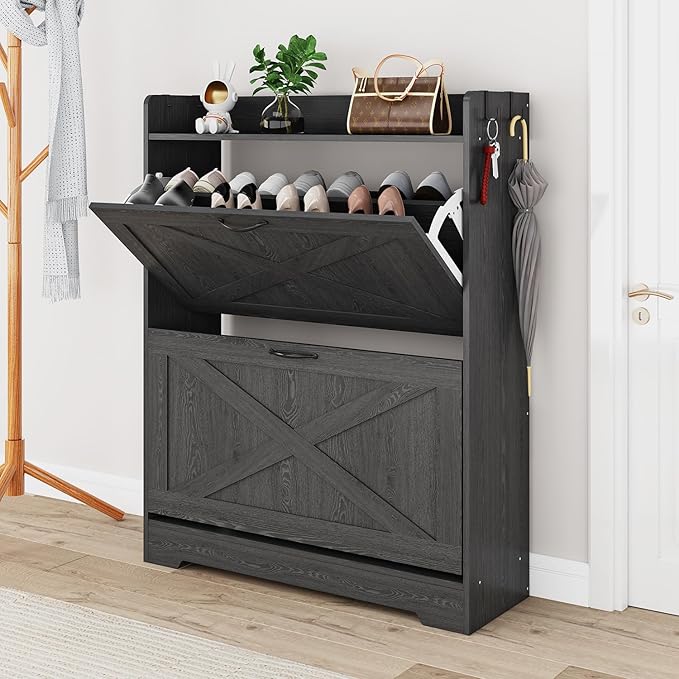 Shoe Cabinet with 2 Flip Drawers & Adjustable Shelf,Wood Shoe Organizer,Freestanding Hidden Shoe Storage Cabinet for Entryway,Hallway (Black)