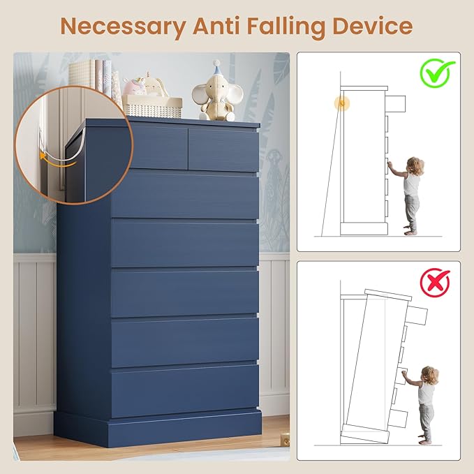 DICTAC Tall Dresser for Bedroom with 7 Drawers, 51.8" Tall Blue Dressers & Chests of Drawers, Modern Wood Closet Organizer and Storage Cabinet, Large Vertical Dresser for Bedroom, Closet, Hallway