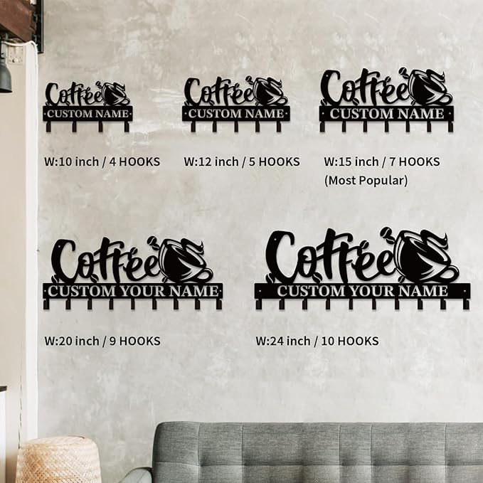 Personalized Custom Name Coffee Bar Wall Keys Hooks,Metal Coffee Shop Art Clothes Hooks,Metal Coffee Lover Wall Home Storage Decorative,For Front Door, Hallway, Kitchen, Bedroom,Keys,Hats (Style D)