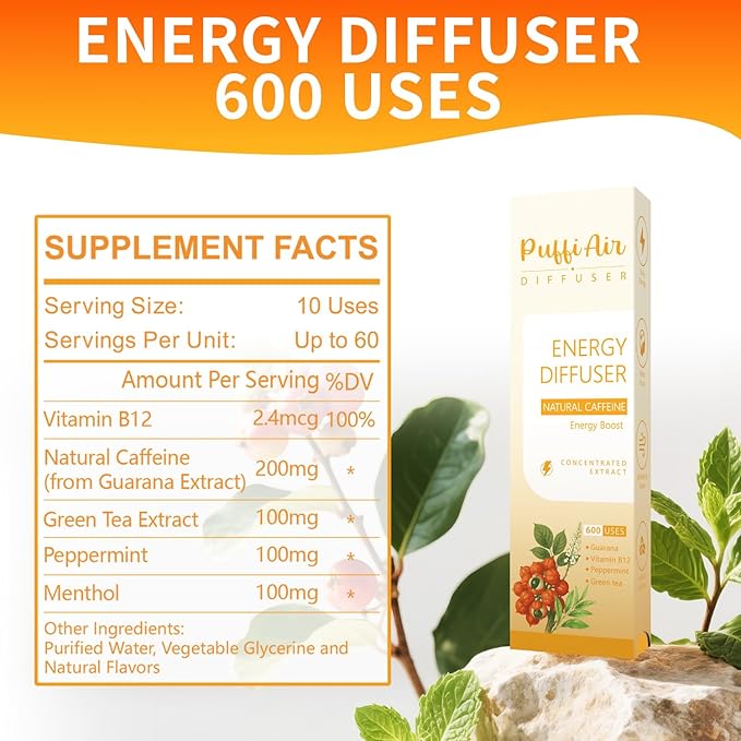 PUFFIAIR Focus Energy Duo Herbal Diffuser Pen Set | Mullein and Caffeine Inspired Blends | Green Orange | 2 Count