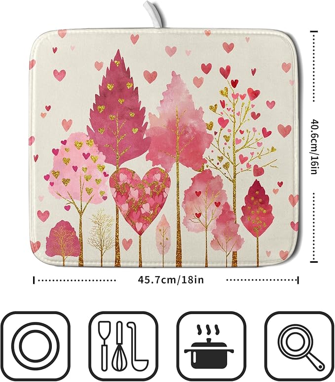 Valentines Day Pink Tree Dish Drying Mat for Kitchen Counter 18x16 Inch Heart Drying Mat with Absorbent Reversible Microfiber Love Dish Drainer Mats Rack Pad for Coffee Countertop Protector