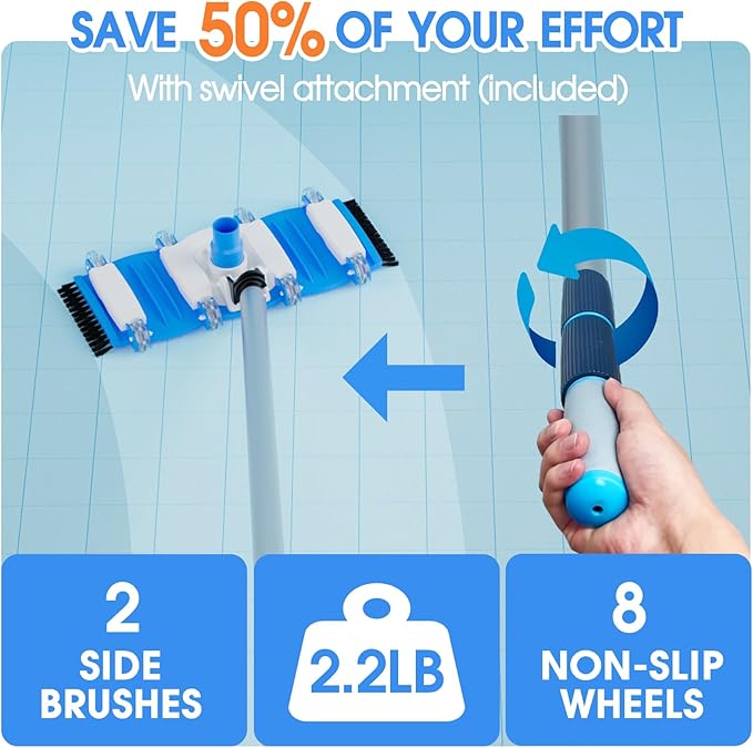3-in-1 Pool Cleaning Kit Full Set - 18in Rounded End Pool Brush & Ergonomic Pool Vacuum Head with Wheels& Pool Nylon Net Fine Mesh for Above Ground In-ground Pools, Spas, Hot Tubs