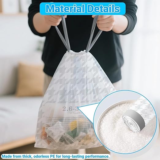 OKKEAI 2.6 Gallon Small Trash Bags White Drawstring Bathroom Garbage Bags – 90 Count Tear-Free, Heavy Duty Printed Liners, Leak-Proof White Trash Bag for Kitchen, Office, Multipurpose Use