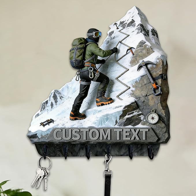 Custom 2D Flat Print Mountaineer Themed Wall Hooks for Mountaineering Enthusiasts Men Women Personalized Name Mountain Theme Key Holder Mountain Theme Key Rack for Living Room Hallway Office Bedroom