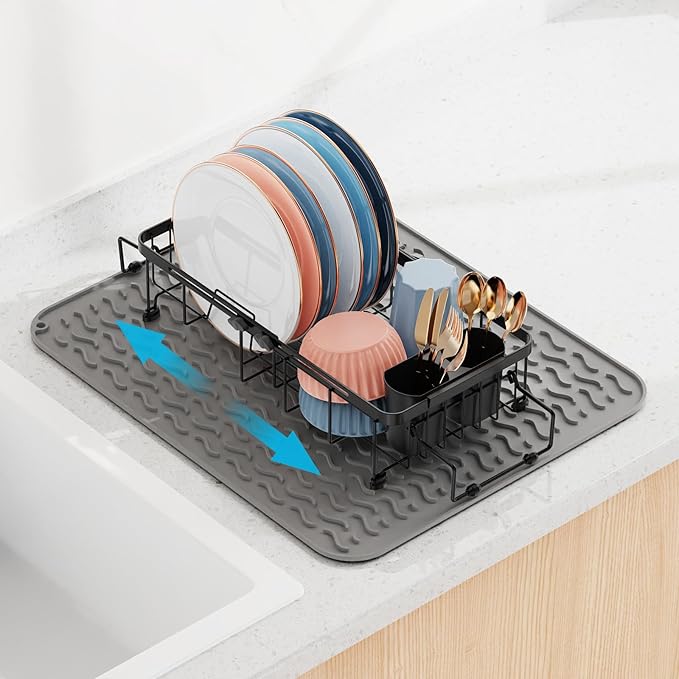iSPECLE Small Sink Dish Drying Rack with Silicone Mat, Expandable Compact Rust Resistant Dish Drainer for RV Apartment Kitchen, Dish Rack with Tightening Knob, 9" W x 12"-16.8" L, Black