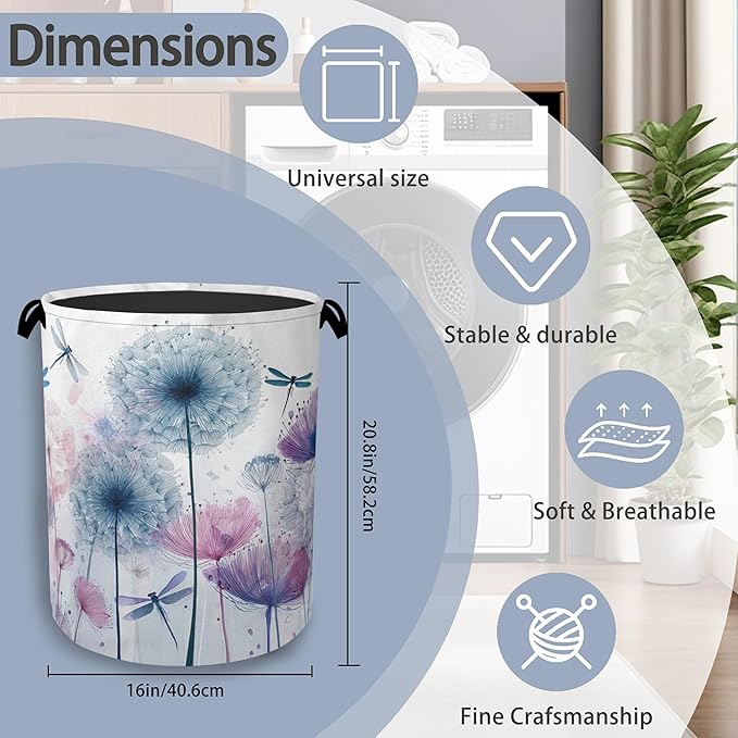 Dandelion Dragonfly Laundry Hamper,Dirty Clothes Laundry Basket with Handles Waterproof Oxford Cloth Storage Basket for College Dorms Bathroom Bedroom 16" x 20.8"