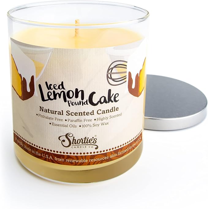Iced Lemon Pound Cake Scented Natural Soy Candle, Essential Fragrance Oils, 100% Soy, Phthalate & Paraben Free, Clean Burning, 9 Oz.