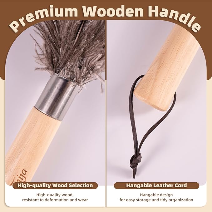 Nicemiya 2 Pack Ostrich Feather Dusters with Wooden Handle, 13.5 inch Natural Fluffy Feather Dusters for Dusting Home, Car, Delicate Surfaces, Reusable Soft Cleaning Tools for Ledges, Blinds