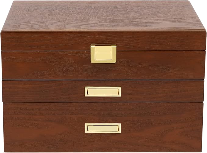 Wooden Jewelry Box for Women, 3 Layers Large Wooden Jewelry Organizer Box Watches Necklace Ring Storage Box for Women (Brown 3 Layer)