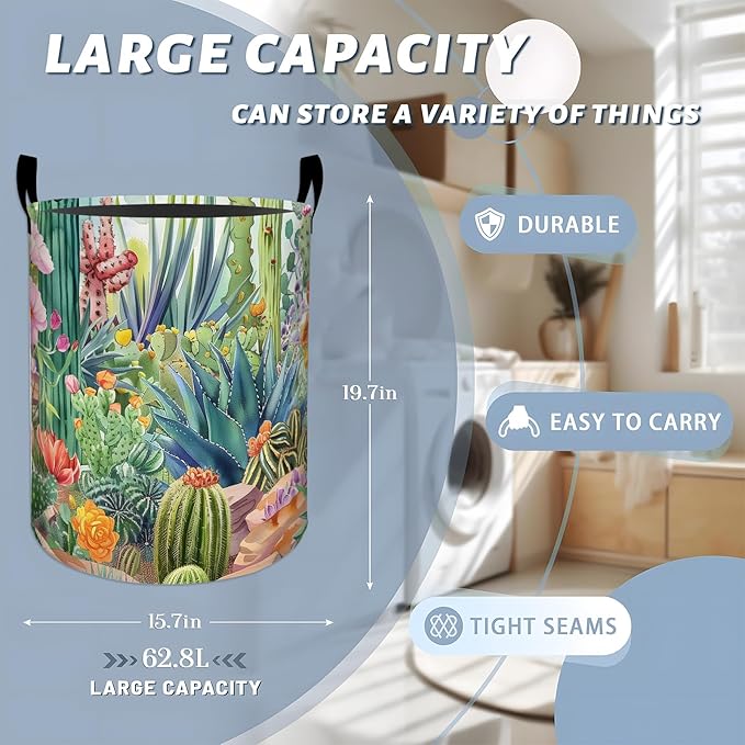 Vibrant Cactus with Blooming Flowers Laundry Basket with Handles, 19.7"x15.7" Clothes Foldable Laundry Hamper Organizer for Dorm Nursery Bedroom Bathroom Decor, Toy Storage Bin for Kids